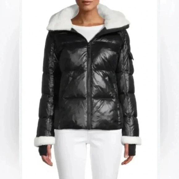 S13 Faux Shearling -Trim Down Filled Black Puffer Jacket Size Small - Picture 1 of 10